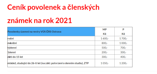 Ceník povolenek a členských známek na rok 2021